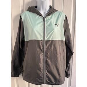 Puma  Gray and Mint green colorblock Hooded Windbreaker Jacket M